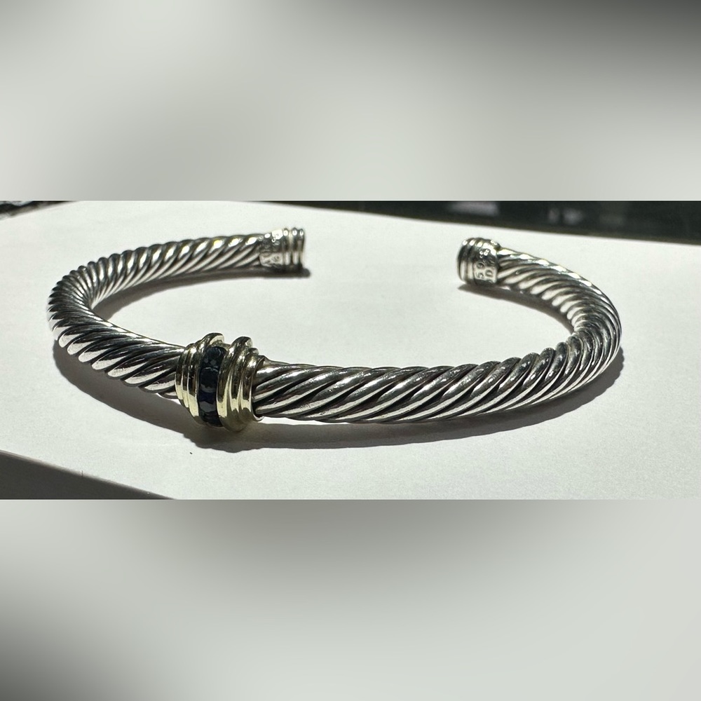 David Yurman Sterling Silver 14K Gold Station Blue Sapphire 7in Bangle